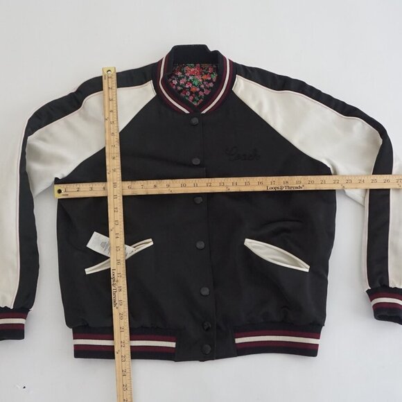 Coach New York Black Pink Floral Reversible Button Up Varsity Bomber Jacket M - Picture 4 of 15